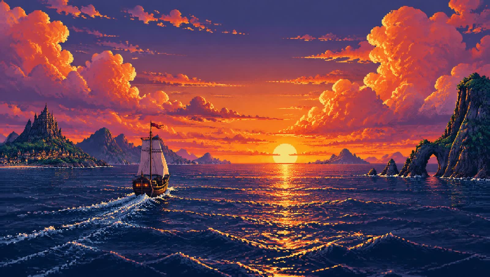 Pixel-art ship sailing through an orange sunset